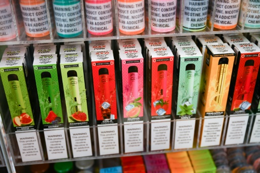 Des recharges de nicotine aux goûts fruités pour cigarettes électroniques de la marque Juul Labs en vente dans une boutique à El Segundo, le 23 juin 2022 en Californie
