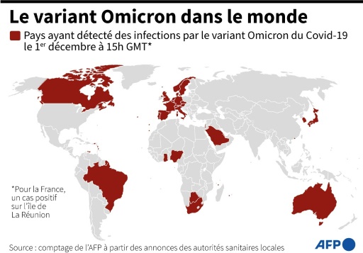 Carte des pays du monde ayant détecté des infections par le variant Omicron du coronavirus (SARS-CoV-2 B.1.1.529), le 1er décembre à 15h00 GMT
