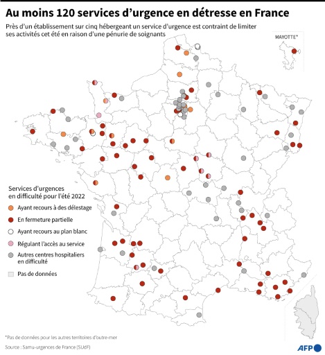 Carte de France localisant les hôpitaux touchés par une pénurie de personnel et contraint de limiter ses activités
